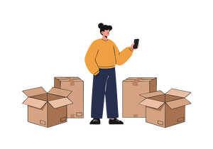 Eine Illustration zeigt eine Person mit Smartphone, umgeben von mehreren Umzugskartons. Die Szene deutet auf einen Umzug oder Organisation hin.